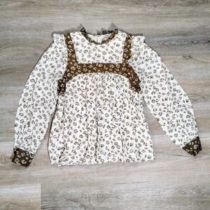 In Loom Floral Ruffle Blouse M Brown Fall Floral Print Cottagecore Western Boho